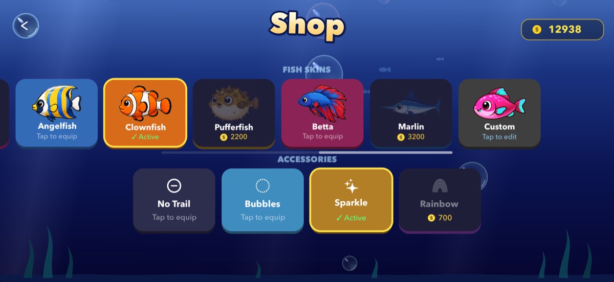 Bubble Dodger fish shop screenshot